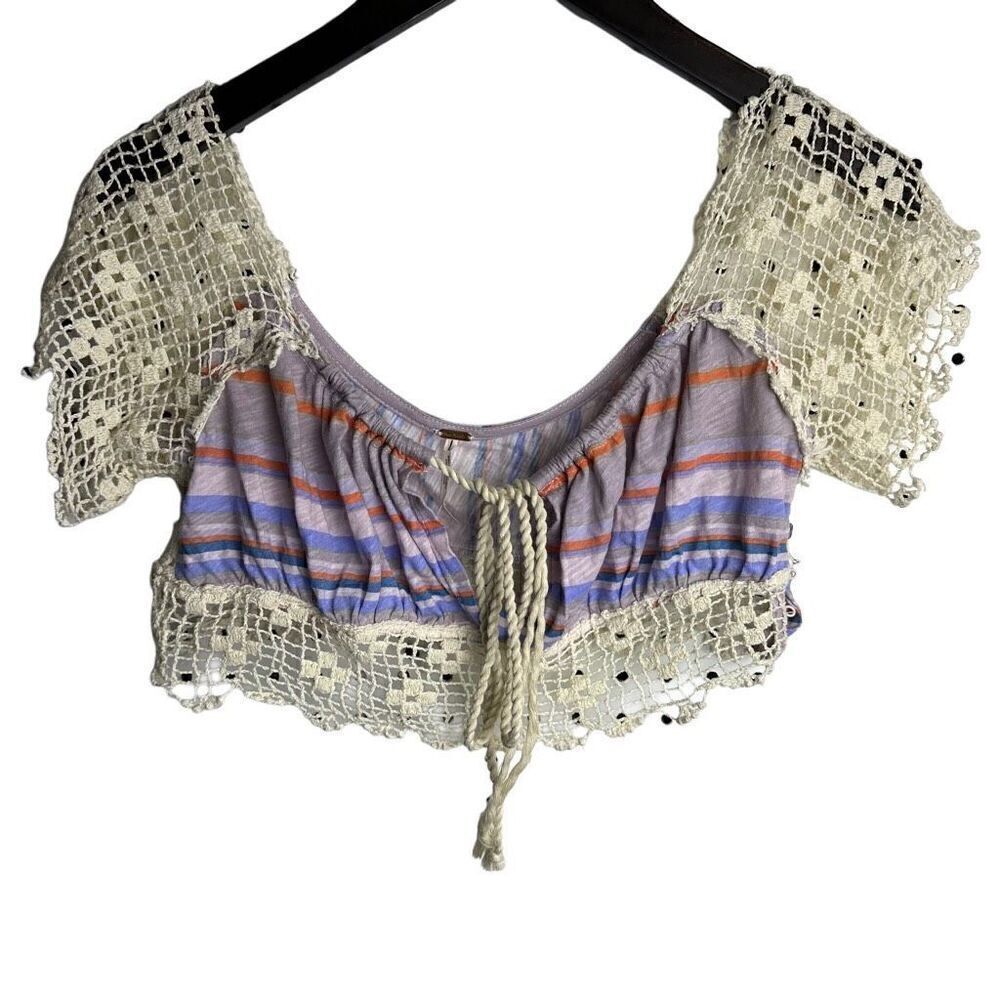 NWOT Women FREE PEOPLE Aruba Top Striped Beach Crochet Sleeve Bohemian size sma